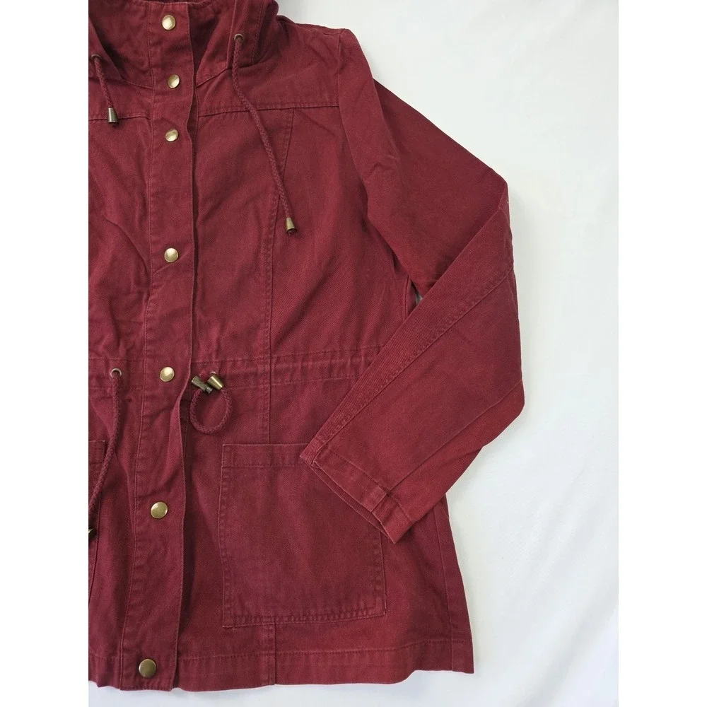 Forever 21 Burgundy Utility Jacket Womens Medium Hooded Anorak Cinch Waist Faded